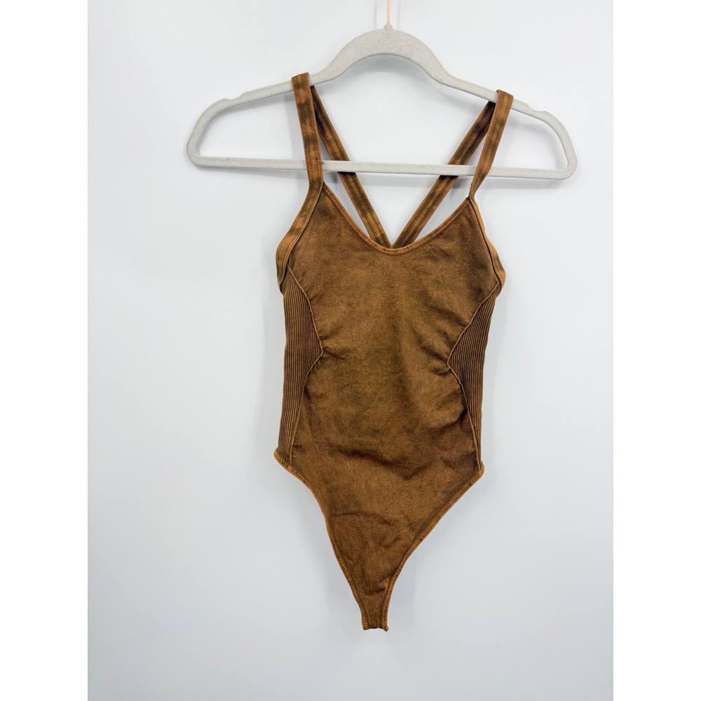 Free People Movement good karma Bodysuit Women XS/S yellow Wash Ribbed Strappy